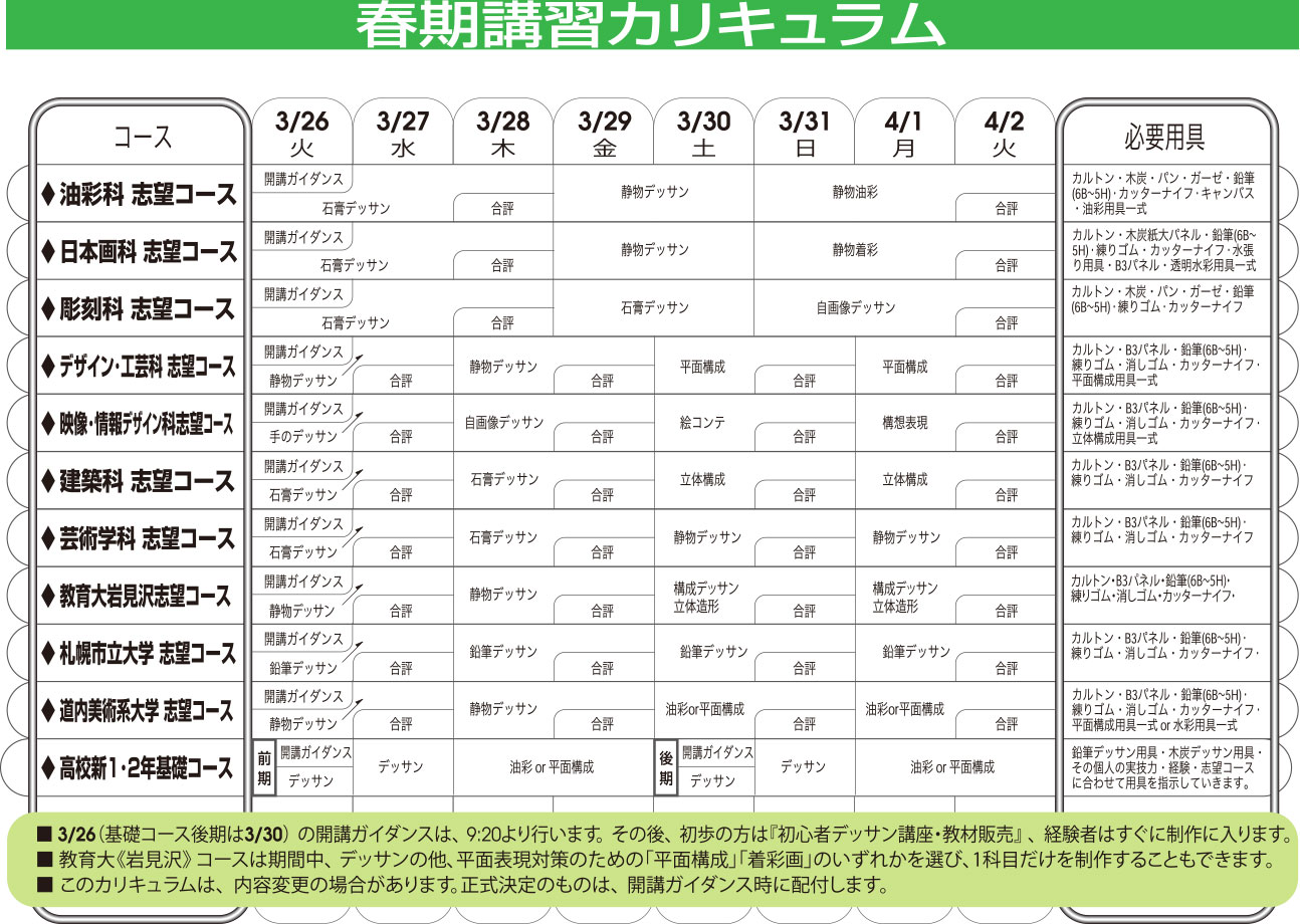 春期講習カリキュラム